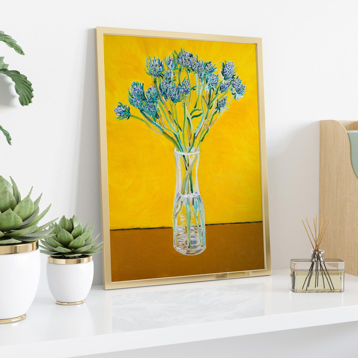 Bouquet of Flower Thistles Oil Painting - Art Print, Framed in Black, Canvas Print